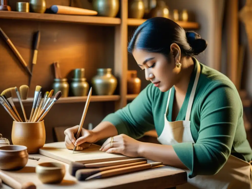 Artesano digital: creación meticulosa con herramientas tradicionales Un artesano experto crea una obra de arte digital a mano, con herramientas tradicionales, en un taller cálido