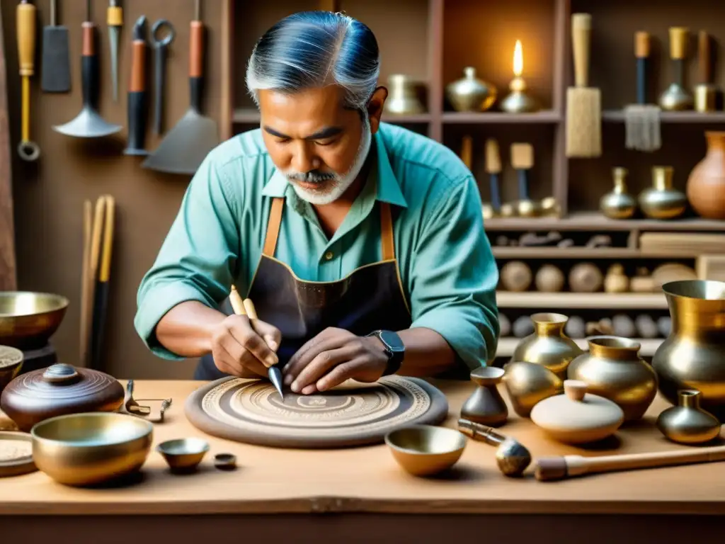 Un artesano experto crea una obra de arte tradicional rodeado de herramientas y materiales, fusionando técnicas tradicionales con la era digital