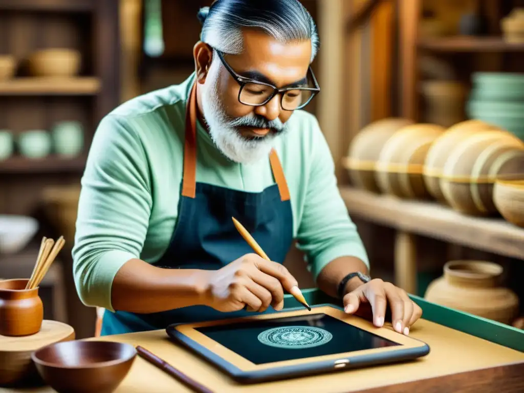 Un artesano experto pinta una obra personalizada en una tableta digital, fusionando tradición y tecnología en el mercado artesanal digital