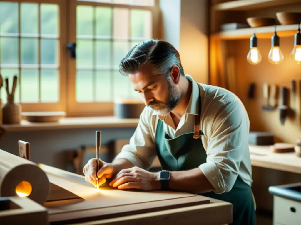 Un artesano experto crea con pasión una artesanía digital ecológica, combinando lo antiguo y lo moderno en un espacio iluminado por luz natural