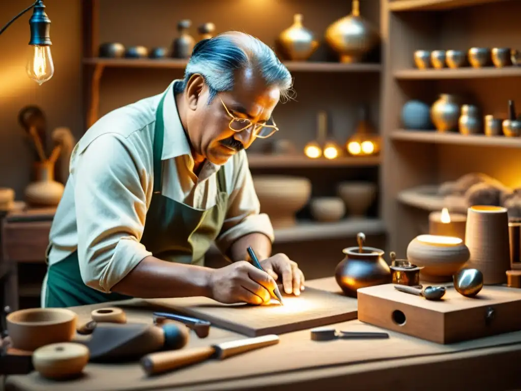 Un artesano experto trabaja con pasión en su creación, rodeado de herramientas e iluminado con suave calidez