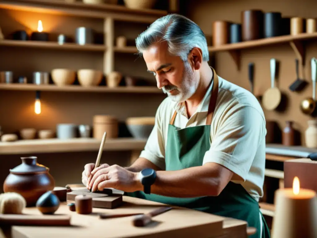 Un artesano experto trabaja con pasión en su taller, rodeado de herramientas vintage y materiales