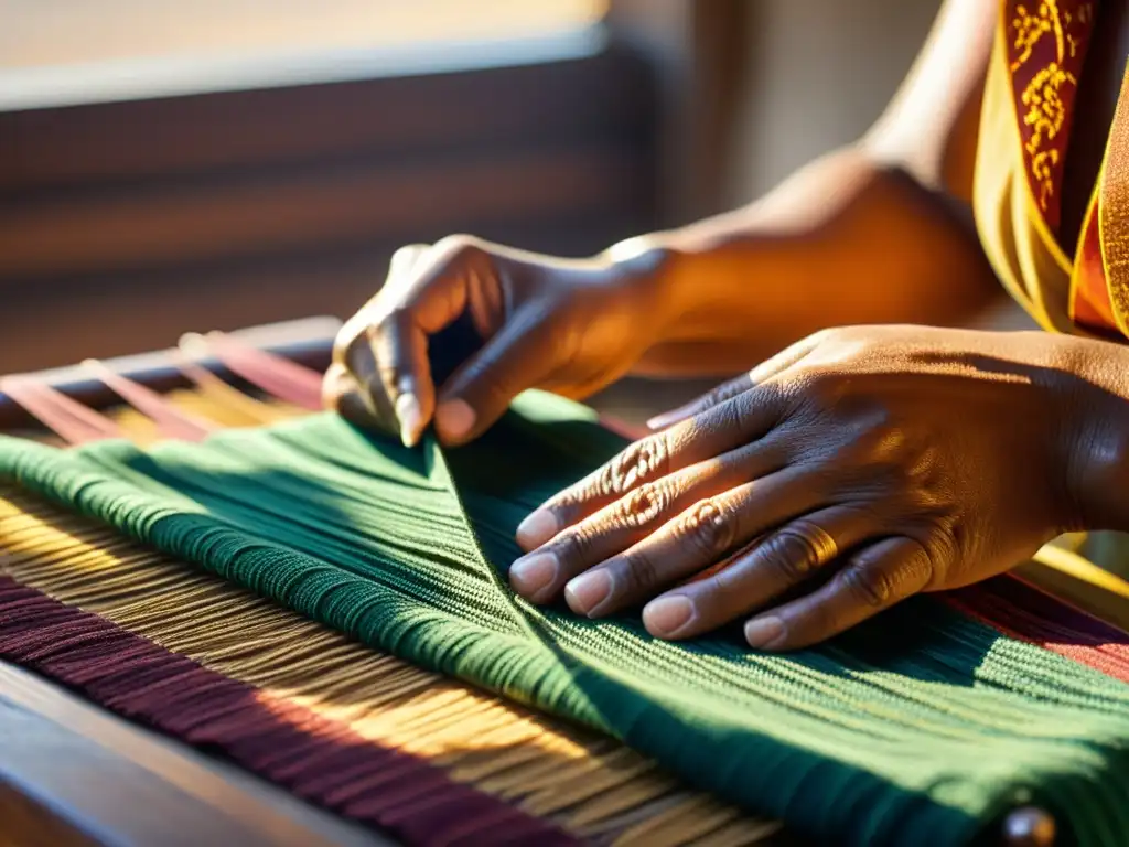 Un artesano experto teje patrones intrincados en un textil tradicional, iluminado por cálidos rayos de sol