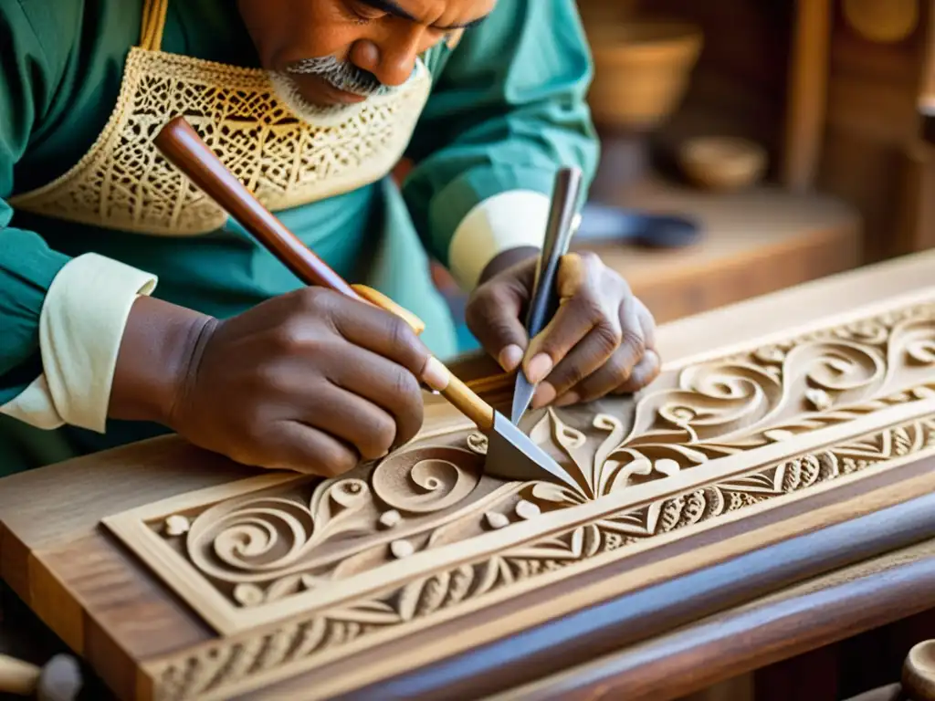 Un artesano experto talla patrones en madera con herramientas tradicionales