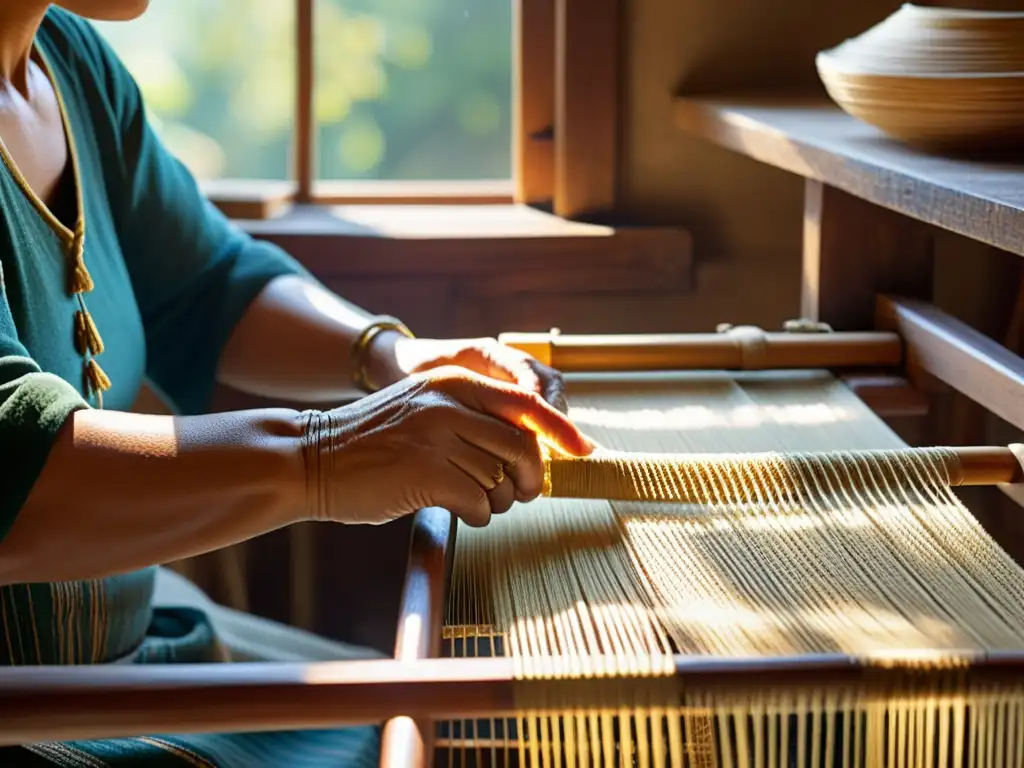 Un artesano experto teje patrones tradicionales en telares de madera vintage, con luz solar iluminando el proceso