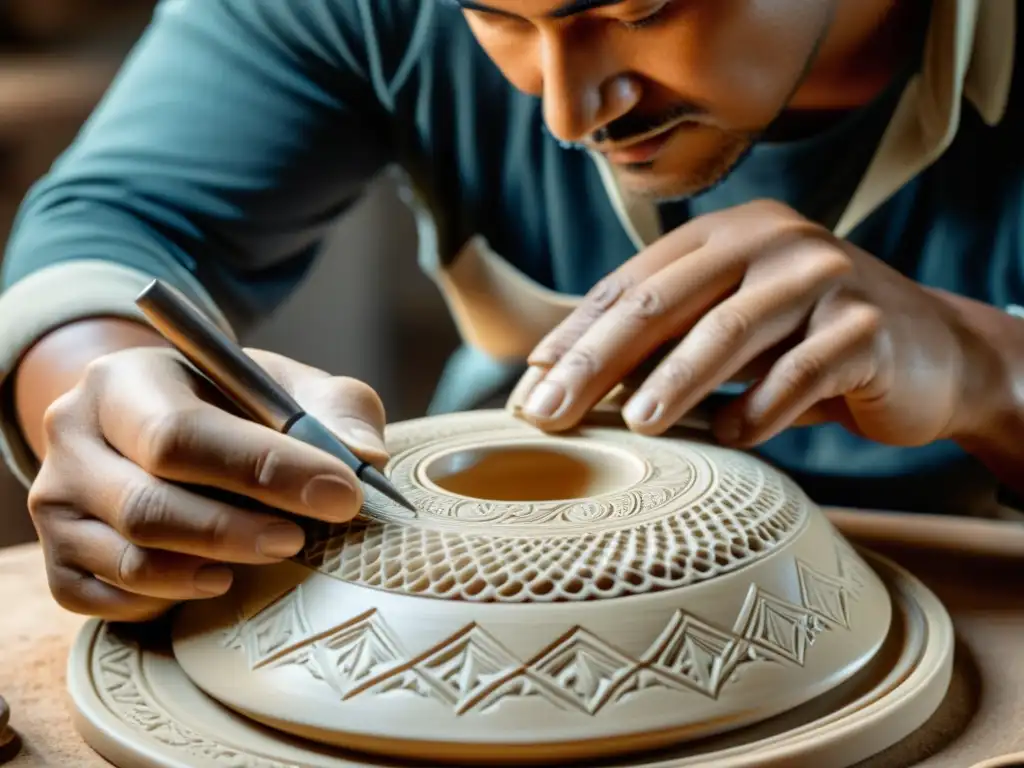 Artesano ceramista fusiona tradición y tecnología en obra maestra Un artesano experto crea una pieza de cerámica tradicional con herramientas digitales en un taller cálido y vintage