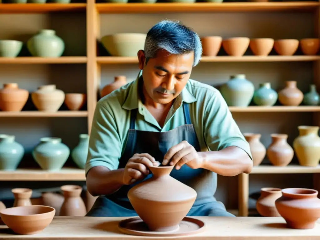 Un artesano experto moldea cuidadosamente una pieza de cerámica tradicional, rodeado de coloridas artesanías hechas a mano