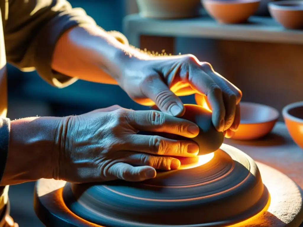 Un artesano experto moldea una pieza de cerámica tradicional bajo la cálida luz del sol, reflejando historias de éxito artesanía digital