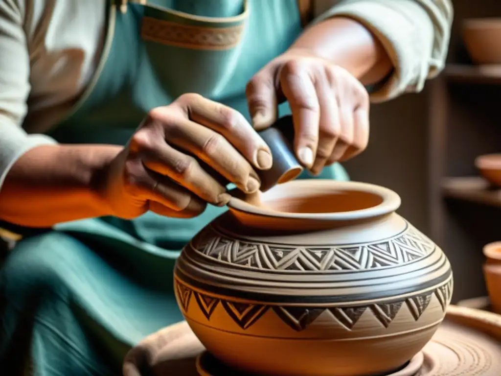 Un artesano experto crea una pieza de cerámica tradicional con un cálido resplandor vintage