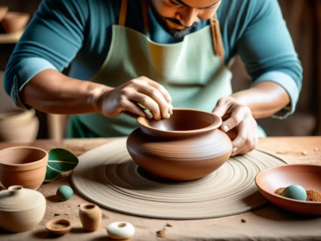 Un artesano experto crea una pieza de cerámica única en un ambiente cálido y natural, capturando la esencia del ecobranding artesanía marca consciente