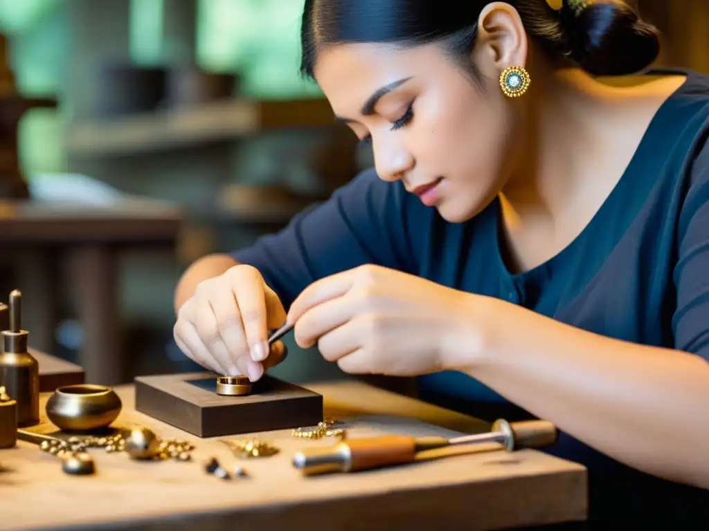 Un artesano experto trabaja en una pieza de joyería rodeado de encanto vintage, reflejando la fusión de artesanía tradicional con innovación digital