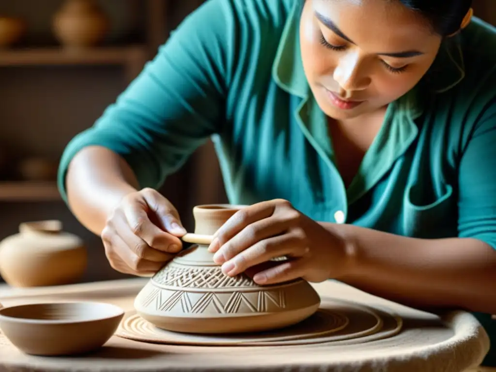 Un artesano experto crea una pieza tradicional con técnicas artesanales sostenibles sin residuos, en una cálida luz natural