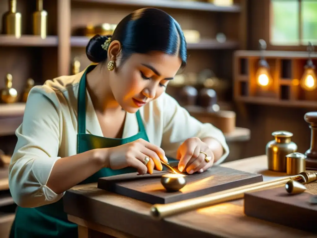 Un artesano experto en joyería crea una pieza única con herramientas tradicionales en un entorno vintage, evocando la artesanía atemporal