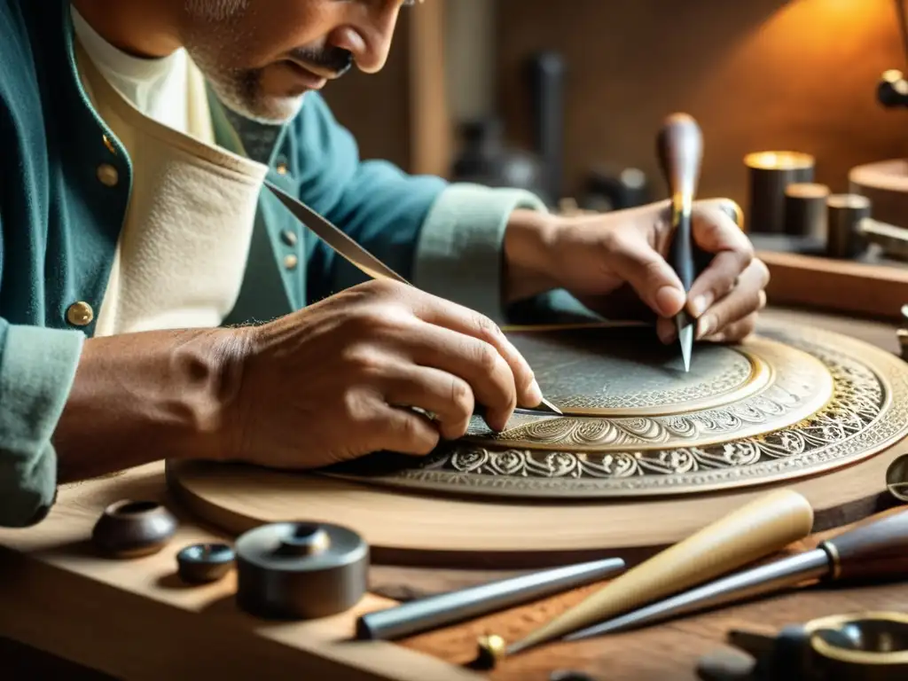 Un artesano experto trabaja con precisión rodeado de herramientas vintage, evocando una sensación de artesanía atemporal