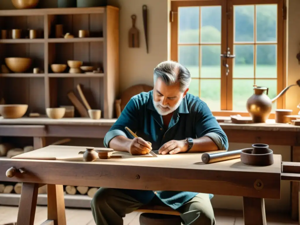 Un artesano experto elabora un producto artesanal sostenible en un banco de trabajo vintage