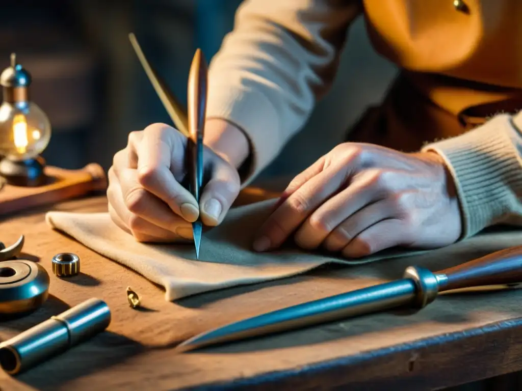 Un artesano experto elaborando un producto a mano, rodeado de herramientas vintage, con una iluminación cálida que resalta los detalles y texturas