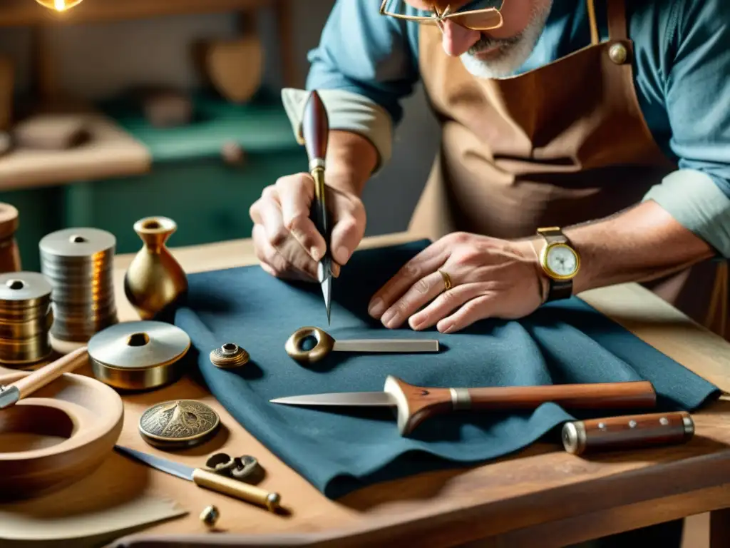 Un artesano experto crea un producto a mano, rodeado de herramientas vintage