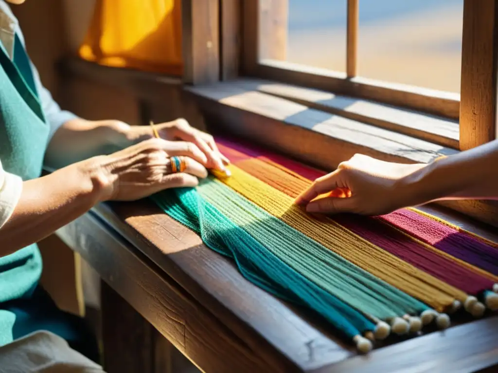 Un artesano experto tejiendo redes sociales para artesanías tradicionales con hilos de colores vibrantes, iluminado por la cálida luz natural