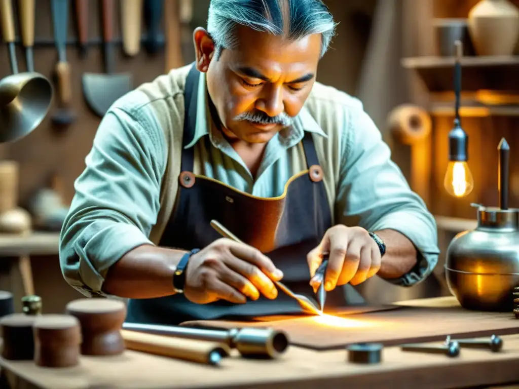 Un artesano experto trabaja meticulosamente rodeado de materiales y herramientas, con una cálida iluminación que resalta los detalles