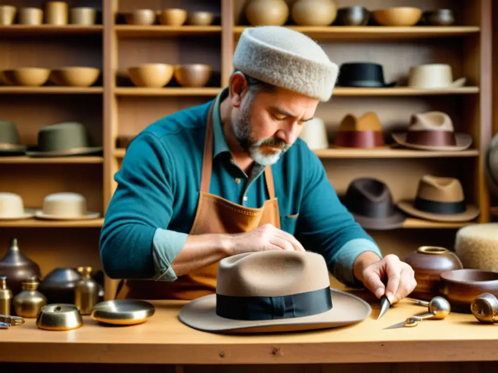 Un artesano experto trabaja en una sombrerería tradicional, rodeado de herramientas vintage y materiales