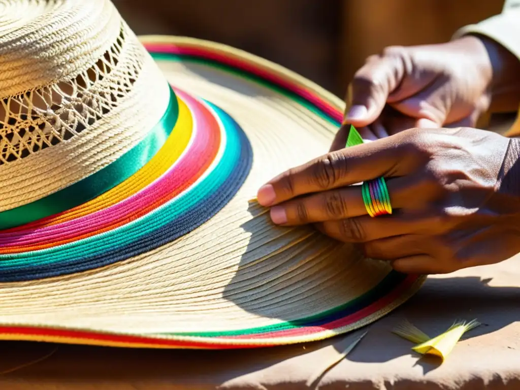 Un artesano experto en una sombrerería tradicional adapta a redes un sombrero de paja, cosiendo meticulosamente cintas de colores