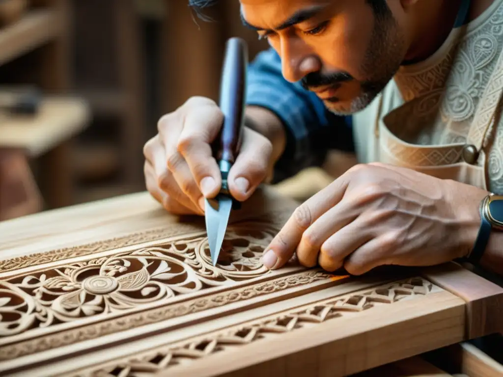 Un artesano experto talla con cuidado diseños en madera con herramientas vintage, mostrando la artesanía tradicional del movimiento maker