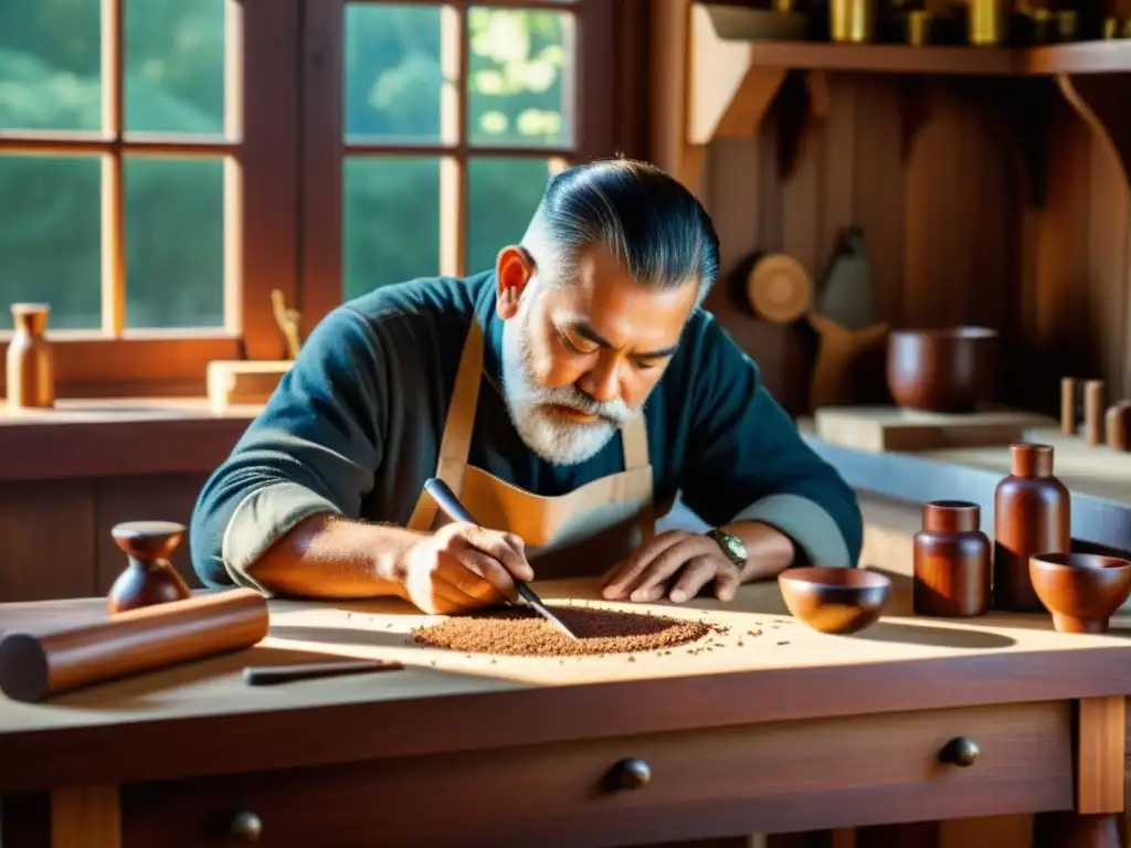 Un artesano experto talla con cuidado diseños en madera de caoba en un banco de trabajo vintage