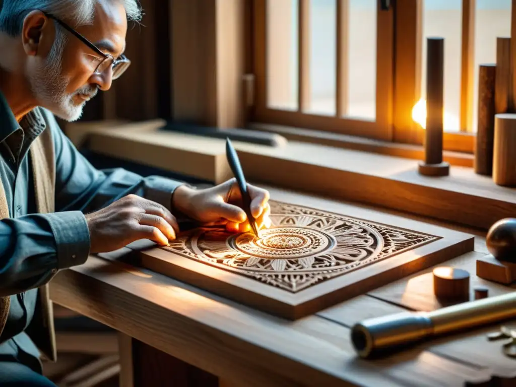 Un artesano experto talla con cuidado madera antigua rodeado de herramientas tradicionales, mientras la luz suave ilumina la escena