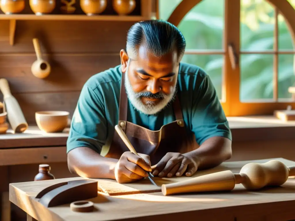 Un artesano experto talla con delicadeza una máscara de madera tradicional en un banco de trabajo de madera