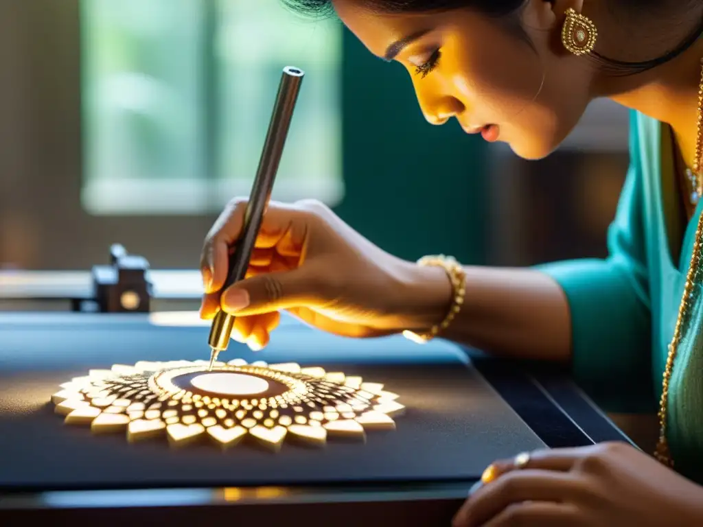 Un artesano experto talla con delicadeza un diseño en una deslumbrante piedra preciosa, con una impresora 3D en segundo plano