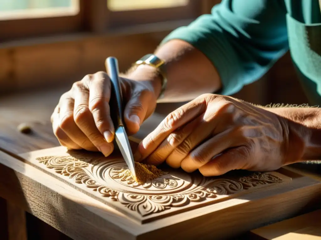 Un artesano experto talla con destreza una pieza de madera, creando detalles intrincados bajo la suave luz dorada