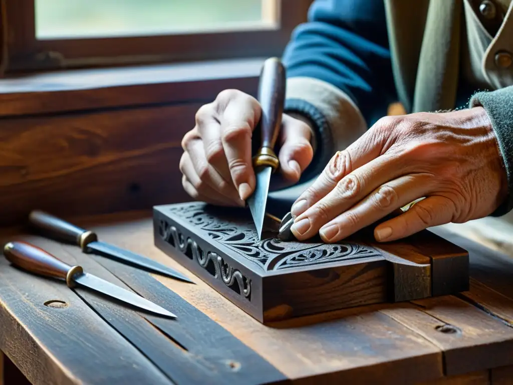 Un artesano experto talla con pasión y destreza en madera oscura, rodeado de herramientas vintage en su taller acogedor