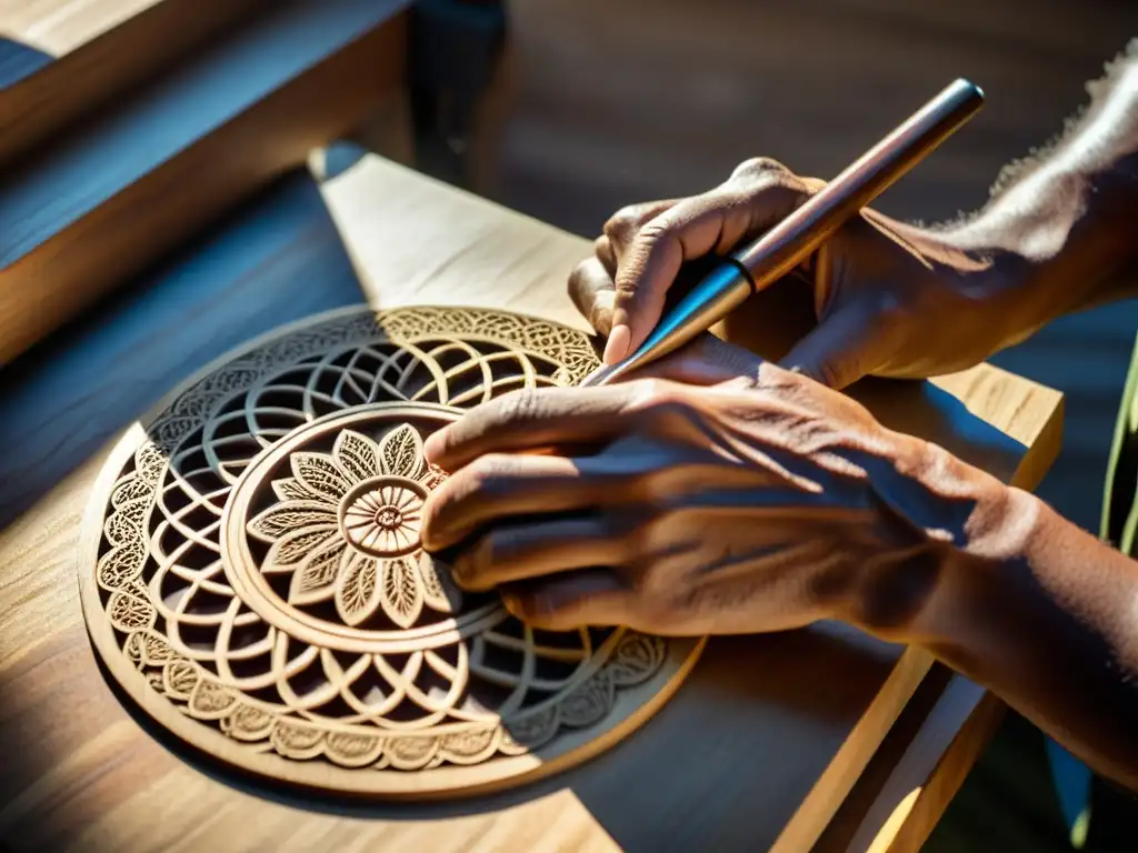 Un artesano experto talla con destreza diseños detallados en madera, con herramientas vintage y luz natural, evocando la esencia del trabajo artesanal y la importancia de la ciberseguridad en la propiedad intelectual