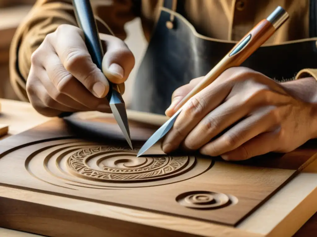 Un artesano experto talla con detalle una madera para grabado, rodeado de herramientas tradicionales