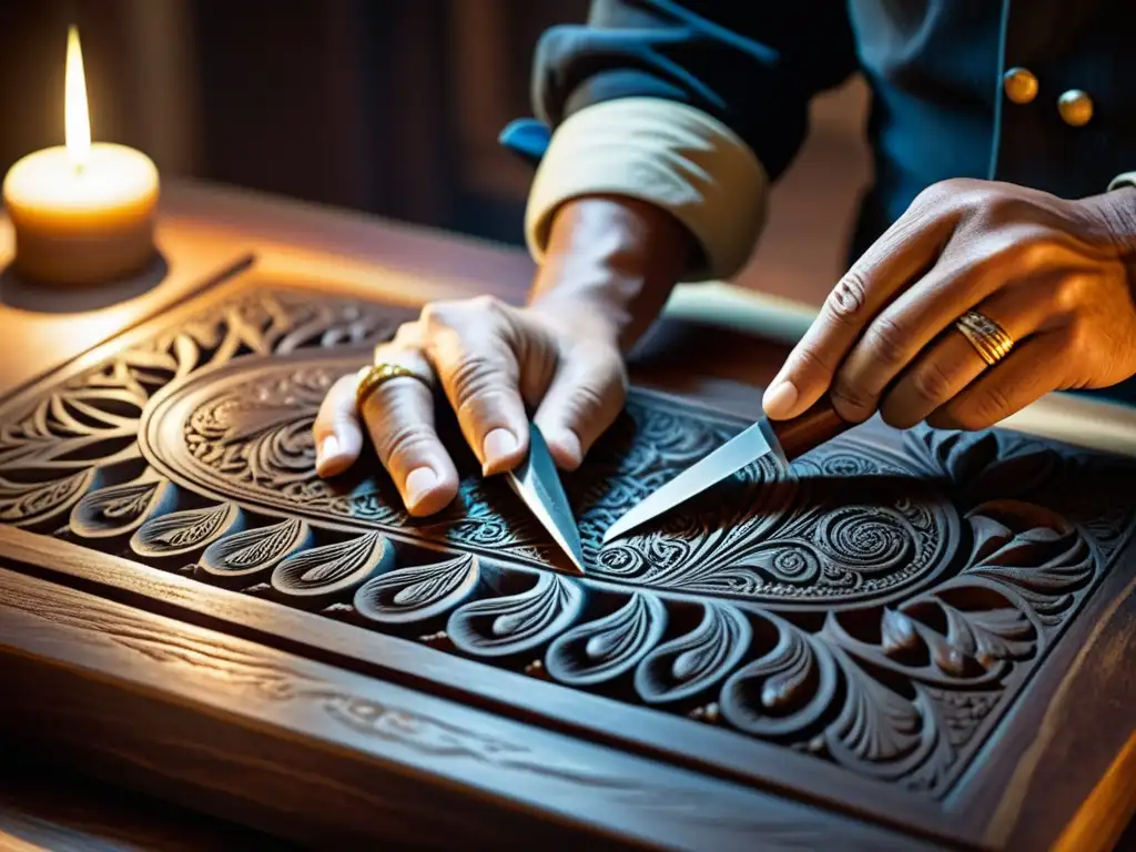 Un artesano experto talla con precisión diseños intrincados en madera oscura, destacando la artesanía tradicional y la belleza atemporal