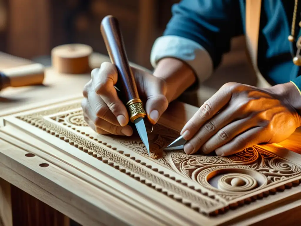 Un artesano experto talla con precisión diseños en madera, iluminado por luz natural