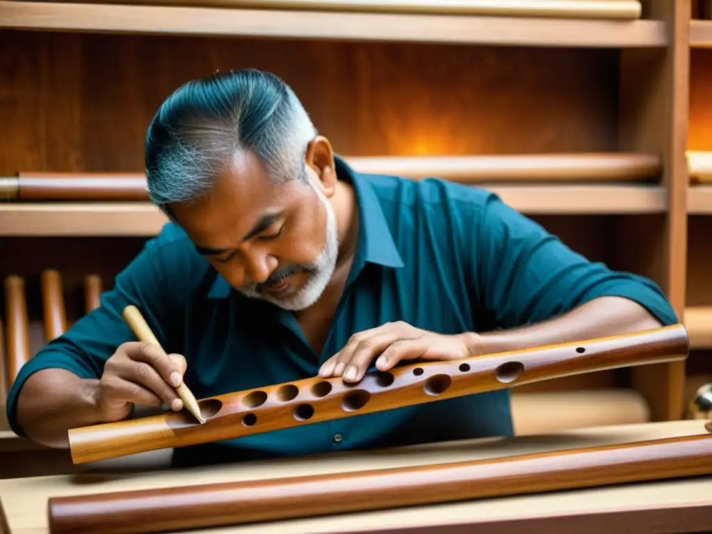 Un artesano experto talla y lija con precisión una flauta de madera tradicional