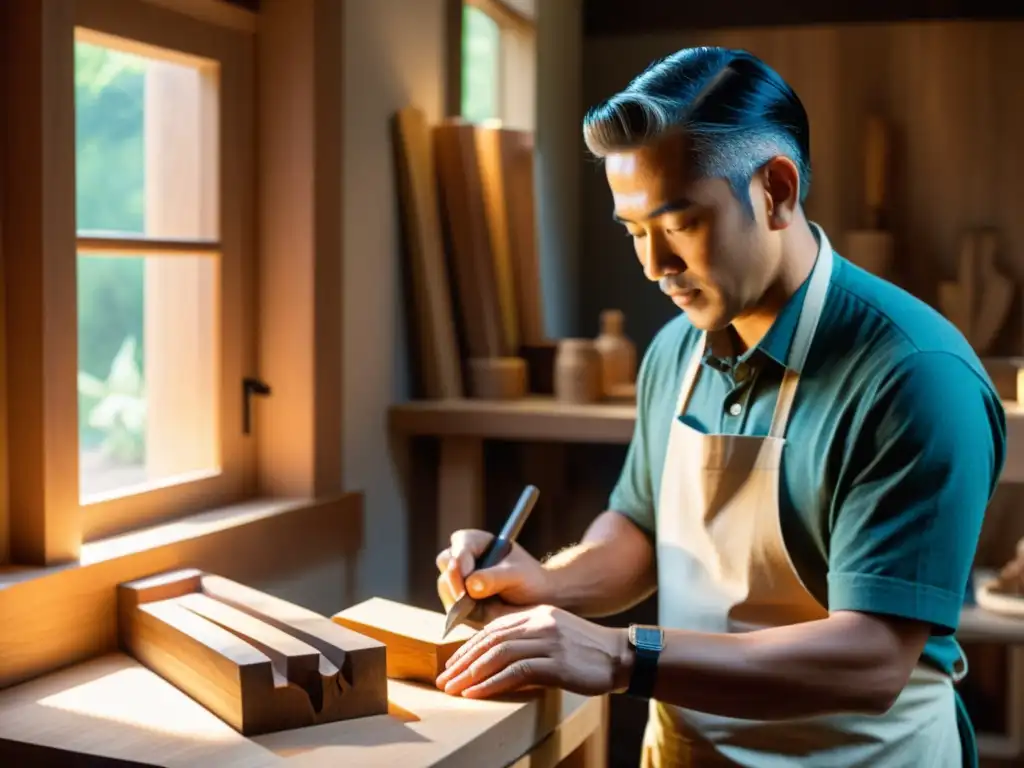 Un artesano experto combina la talla de madera tradicional con tecnología moderna en un taller cálido y nostálgico