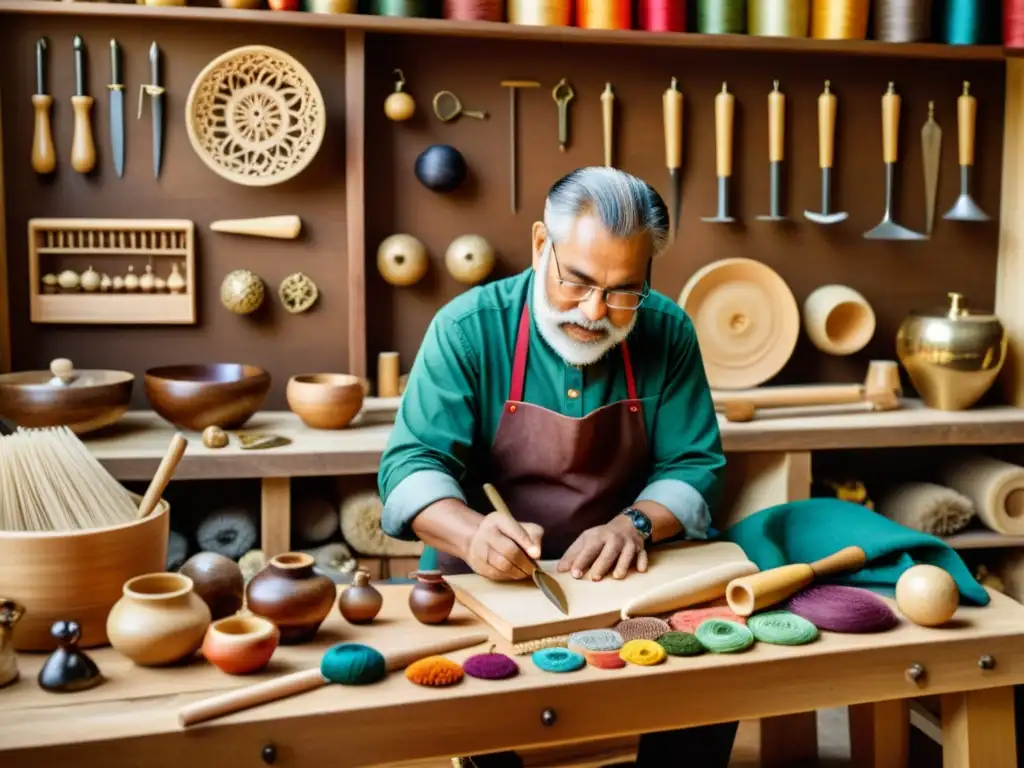 Un artesano experto talla una pieza tradicional con herramientas vintage en su banco de trabajo, rodeado de materiales artesanales