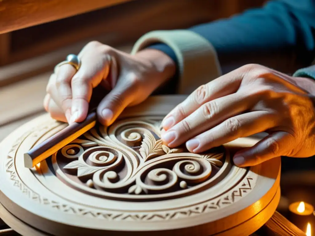 Un artesano experto talla con precisión un instrumento musical de madera en un taller cálido y lleno de nostalgia