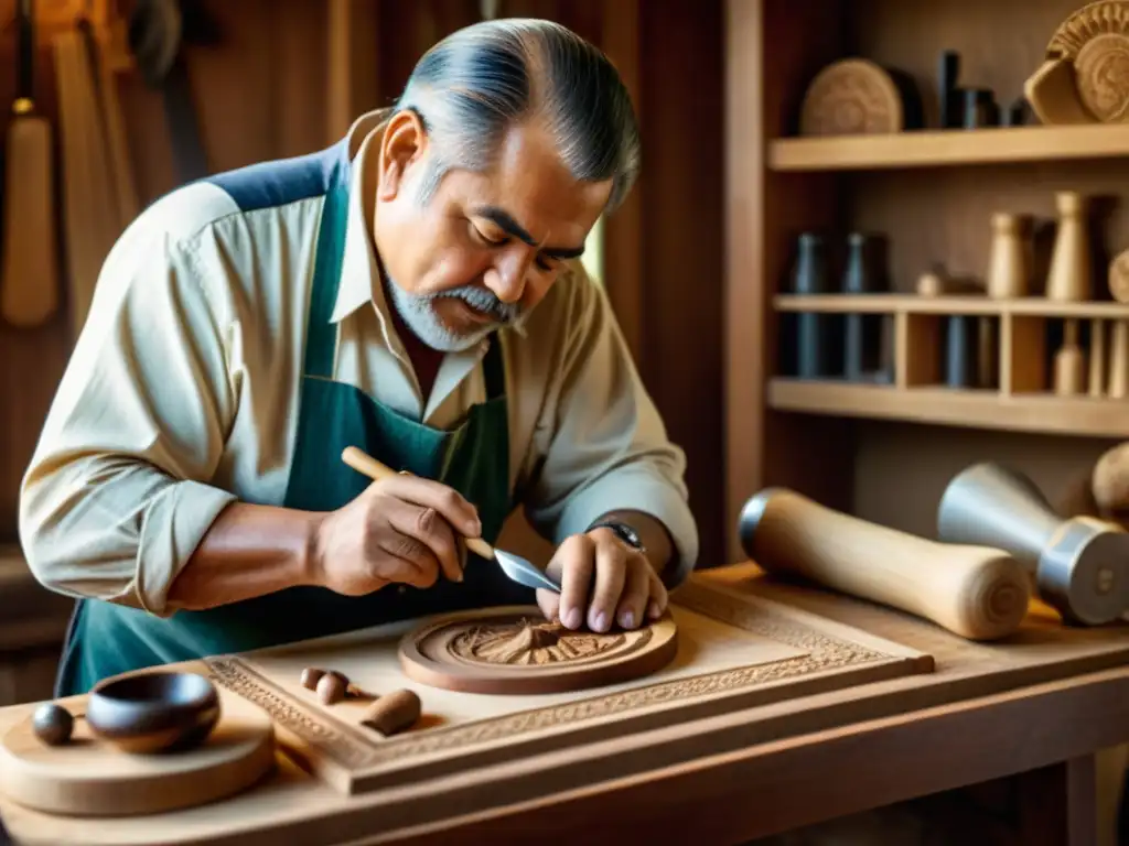 Un artesano experto en tallado de madera, rodeado de herramientas, crea una obra de arte tradicional con una expresión concentrada