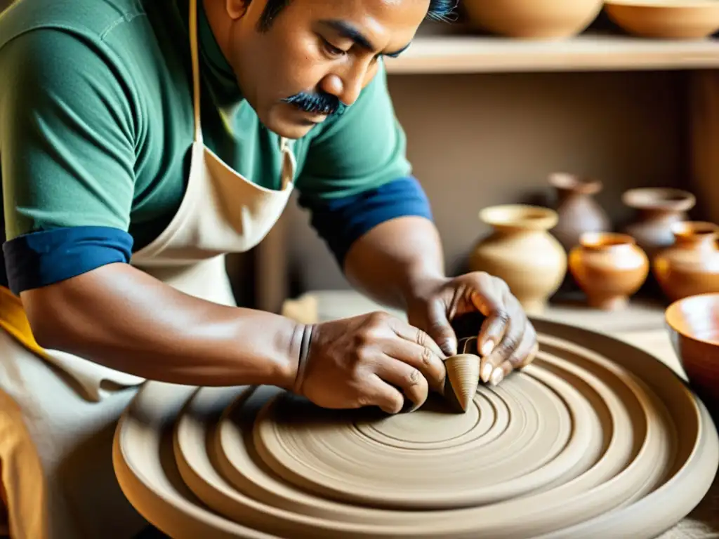 Un artesano experto en su taller, creando con destreza una pieza tradicional, evocando certificación artesanía tradicional era digital