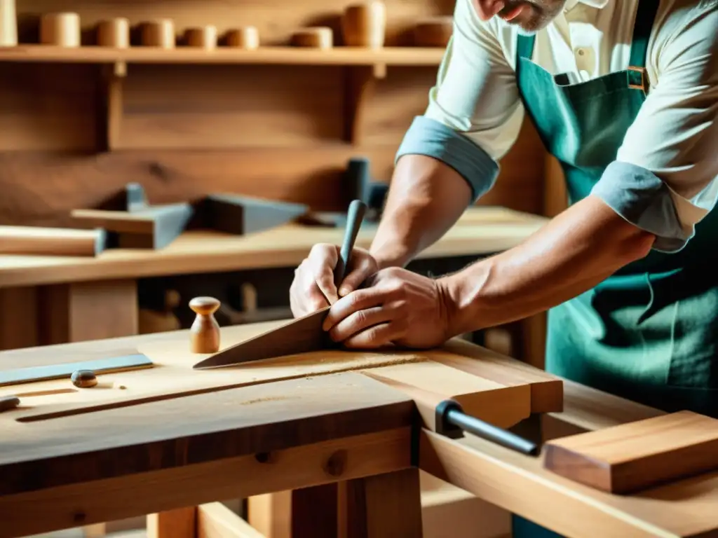 Un artesano experto trabaja en su taller de ebanistería, destacando la meticulosidad y calidez de la artesanía tradicional