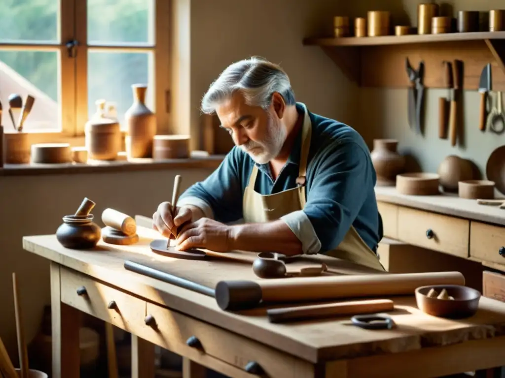 Un artesano experto en su taller, creando una obra de artesanía tradicional bajo una cálida luz natural