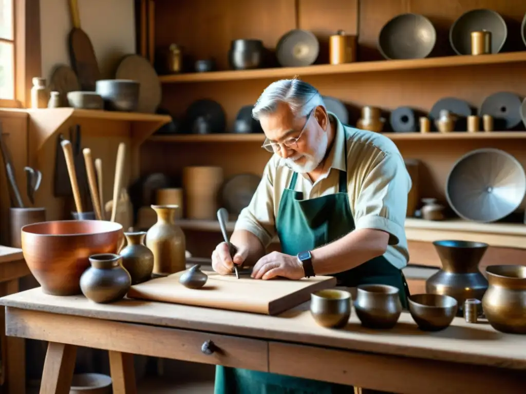 Artesano experto en su taller, creando una obra de arte tradicional