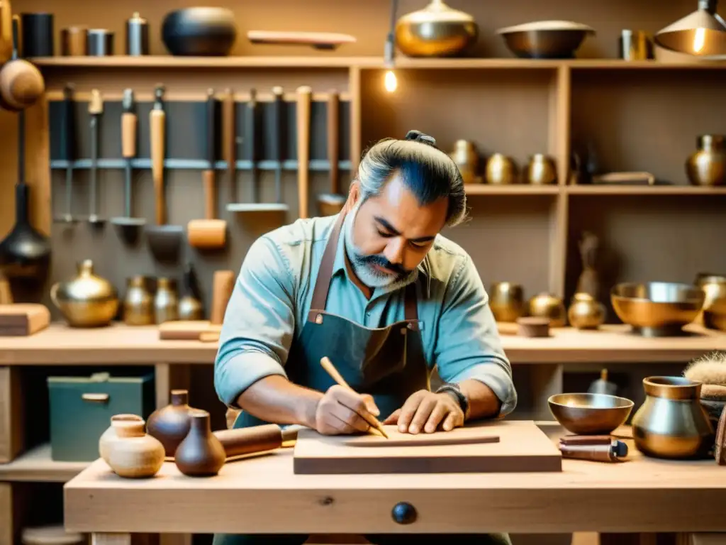 Un artesano experto en su taller, rodeado de herramientas tradicionales, con una expresión de dedicación y orgullo