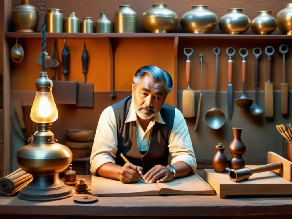 Artesano experto crea obras maestras en taller tradicional Un artesano experto trabaja en su taller tradicional, rodeado de herramientas y materiales, iluminado por una lámpara vintage