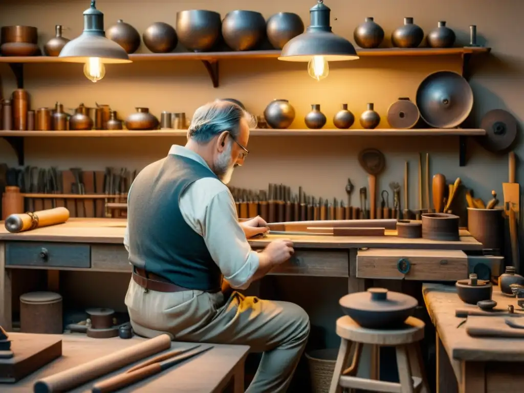 Un artesano experto trabaja en su taller vintage, rodeado de herramientas y materiales