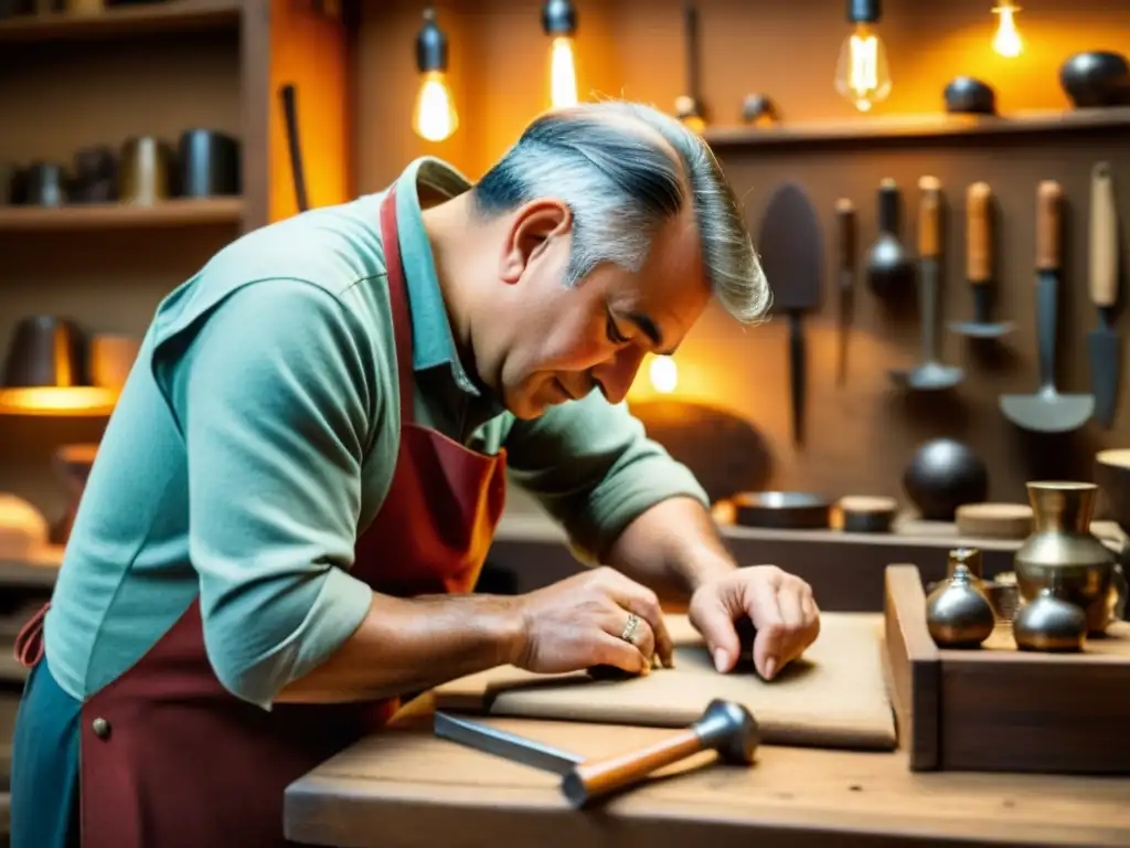 Un artesano experto trabaja en un taller vintage, rodeado de herramientas antiguas