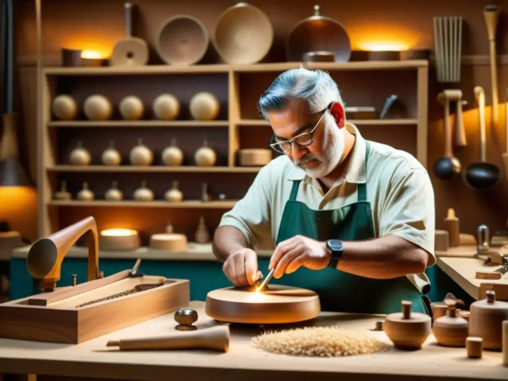 Un artesano experto en un taller vintage, fabricando instrumentos musicales artesanales con herramientas tradicionales y dedicación atemporal